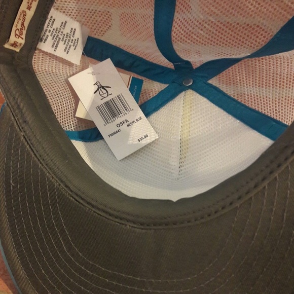 Penguin Palm trees Poolside Graphic Baseball Cap Mesh Trucker Blue Hat Pool NEW - Picture 8 of 12